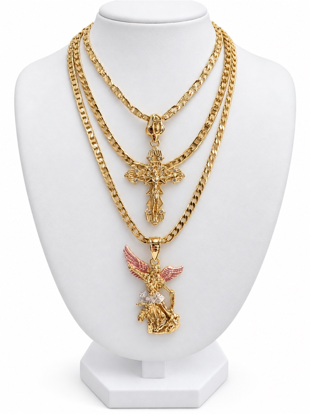 Gold Multi-Layer Cross & st. Michael Pendant Necklace - men's gift stack